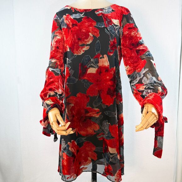 Neiman Marcus | Flocked Velvet Red and Cream and Black Dress | Sz 12 - Picture 3 of 14